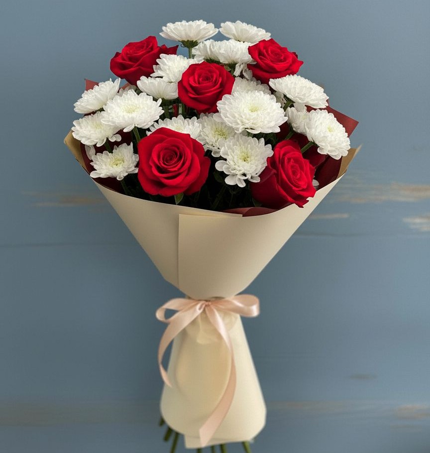 Букет цветов из: Розы и Хризантемы в Новый Снопок