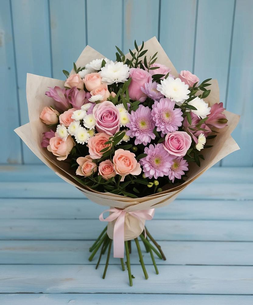 Букет цветов из: Хризантемы, Розы и Альстромерии в Новый Снопок