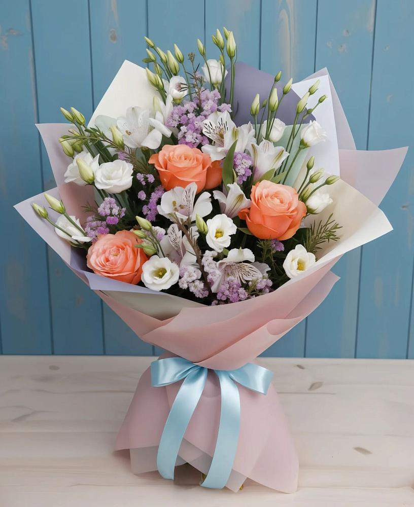 Букет цветов из: Лизиантусы, Розы, Альстромерии и Гипсофила в Новый Снопок