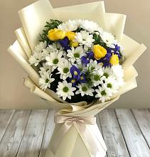 Букет цветов из:  Ирисы, Хризантемы и Розы #REPLACE_PRED# Новый Снопок