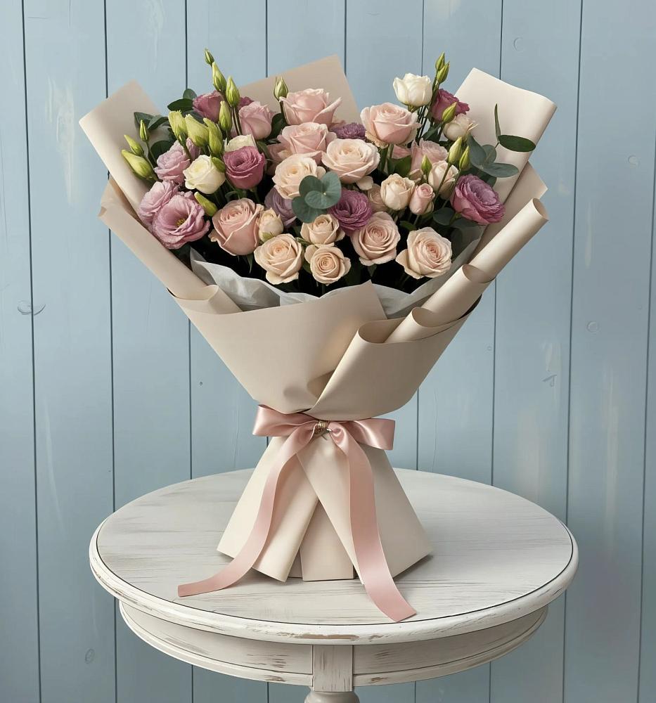 Букет цветов из: Розы и Лизиантусы в Новый Снопок