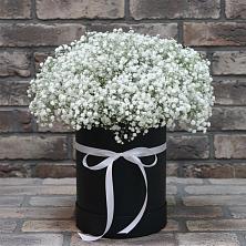 Цветочная композиция из Гипсофила в шляпной коробке в Новый Снопок