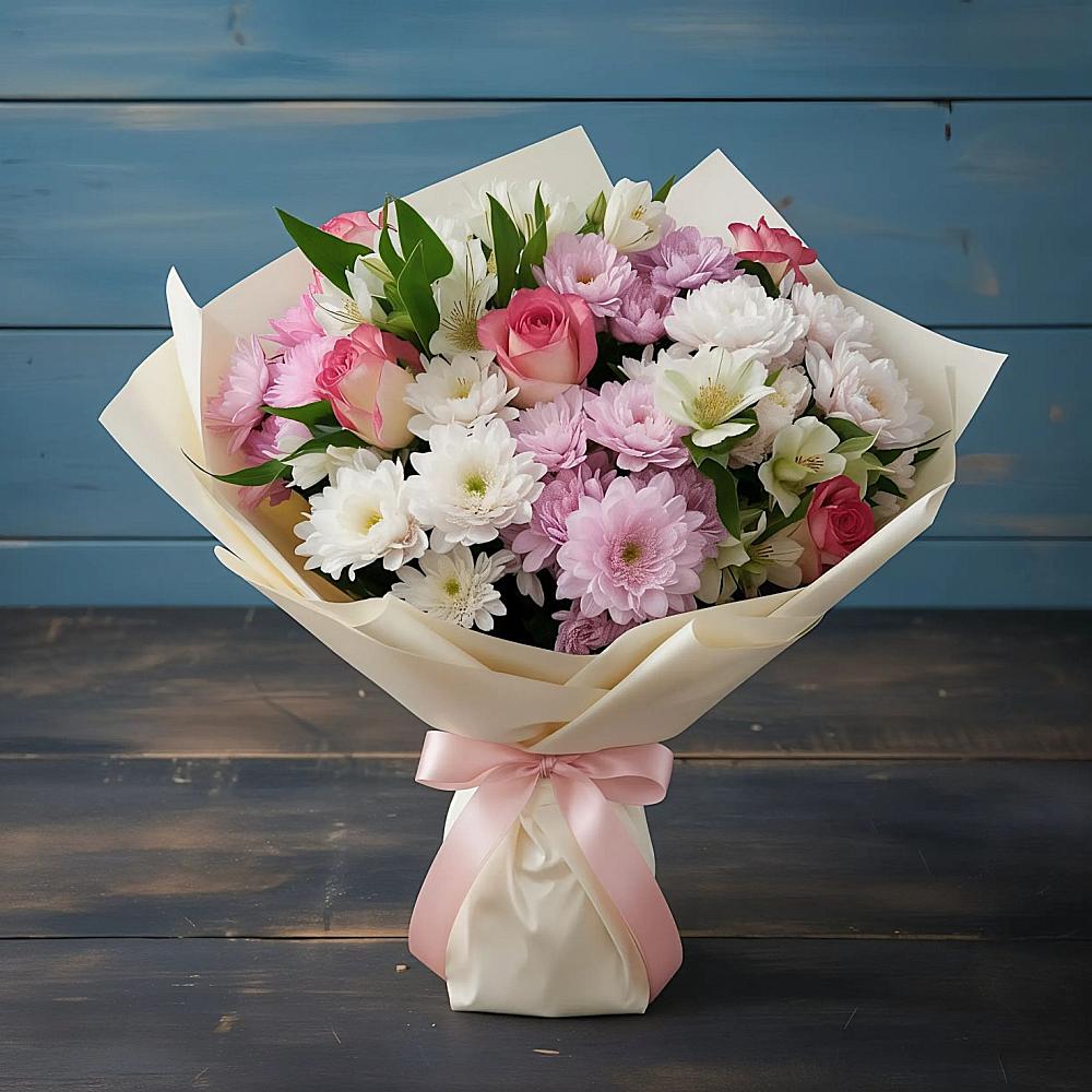 Букет цветов из: Хризантемы, Альстромерии и Розы в Новый Снопок